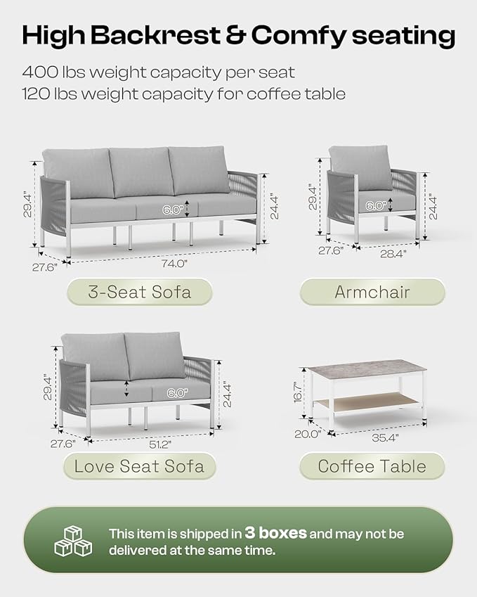 Aluminum Outdoor Patio Furniture Set, HDPE Rope 4 Piece Modern Sectional Conversation Sets with Dual-Layer Coffee Table, All Weather Patio Couch Set with Thick Cushions, Silver Frame, Silver