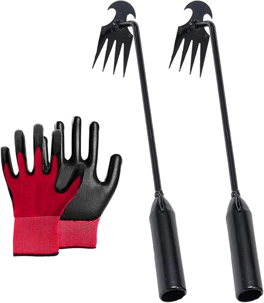 Stainless Weeding Artifact Uprooting Weeding Tool, Stainless Steel Forged Weed Puller 4 Teeth Dual Purpose Weeder, Hand Weeder Tool for Gardening with Long Handle (Black 2Pcs)