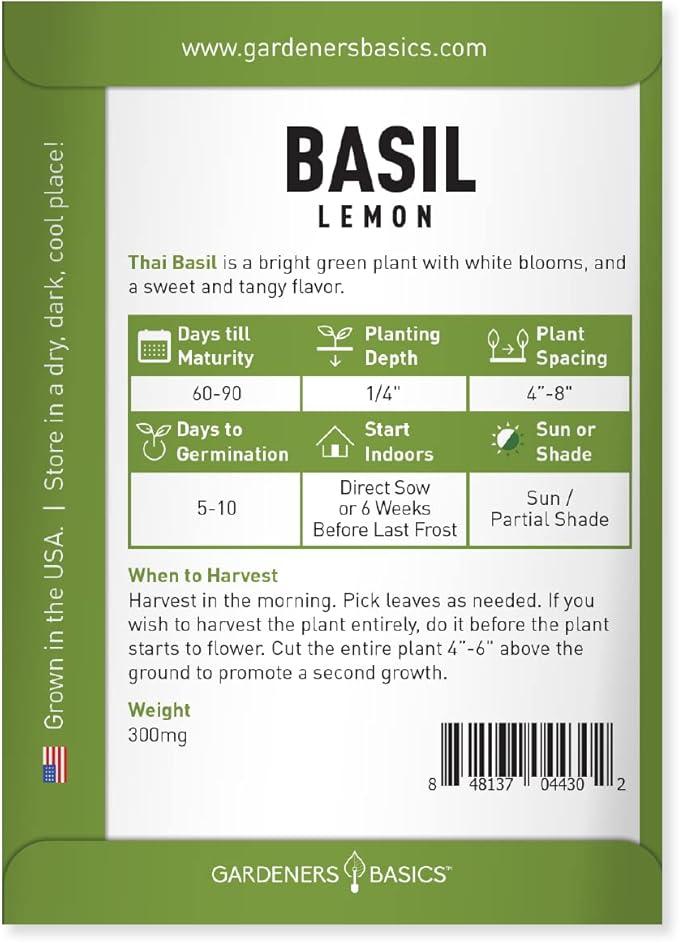 Gardeners Basics, Lemon Basil Seeds for Planting Herbs - Heirloom Non-GMO Herb Plant Seeds for Home Herb Garden Indoors, Outdoors, and Hydroponics