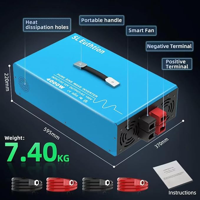 4000W Pure Sine Wave Power Inverter Voice Control AI Voice Assistant Support English 24V to 120V 60HZ with LCD Display, USB Port, for Car Home Laptop Truck