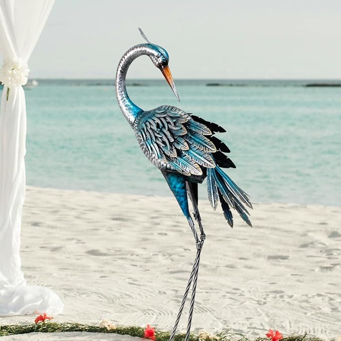 37 Inch Blue Heron Crane Statue, Metal Yard Art Outdoor Decoy, Garden Sculpture for Lawn/Pond Decoration, 1Pc, ORTBL-CR24053A-18