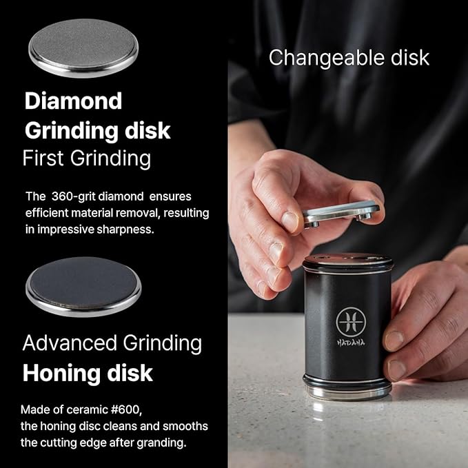 HADANA Black Edition Rolling Knife Sharpener - Easy to use 2-Whetstone Knife Sharpener Kit with #360 Diamond & #600 Ceramic, Durable Aluminum Alloy Body, Magnetic Knife Holder with Silicone Pad