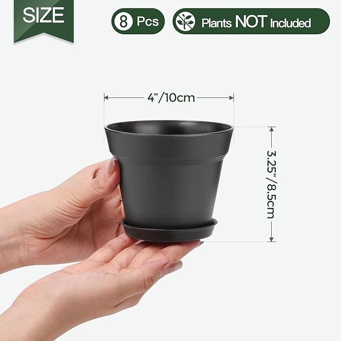 T4U 4 Inch Plant Pots 18-Pack - Small Plastic Planter with Drainage Hole and Saucer, Decorative Nursery Pot Bulk for African Violet, Snake Plant, Succulent and All House Plants Indoor (Black)