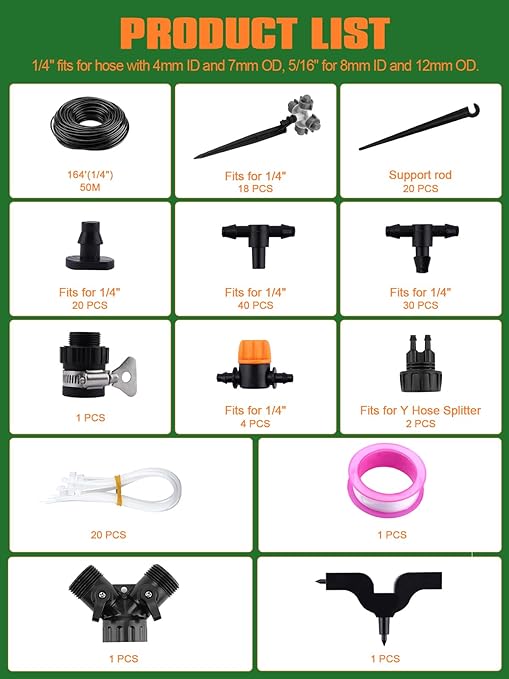 164FT Automatic Drip Irrigation Kit, Kalolary Micro Garden Watering System with 1/4" Distribution Tube Adjustable Sprinkler Equipment 4/7 Misting Nozzle Emitters Barbed Fittings for Greenhouse Patio