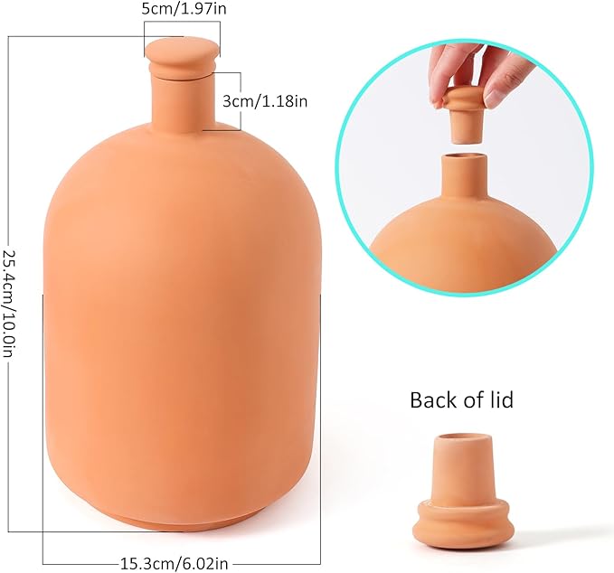 Large 10×6×6inch Terra Cotta Watering Pots 110oz Terra Cotta Watering Terracotta Watering Spikes Self Watering Planter Watering Pot with Lid for Outdoor & Indoor Plants