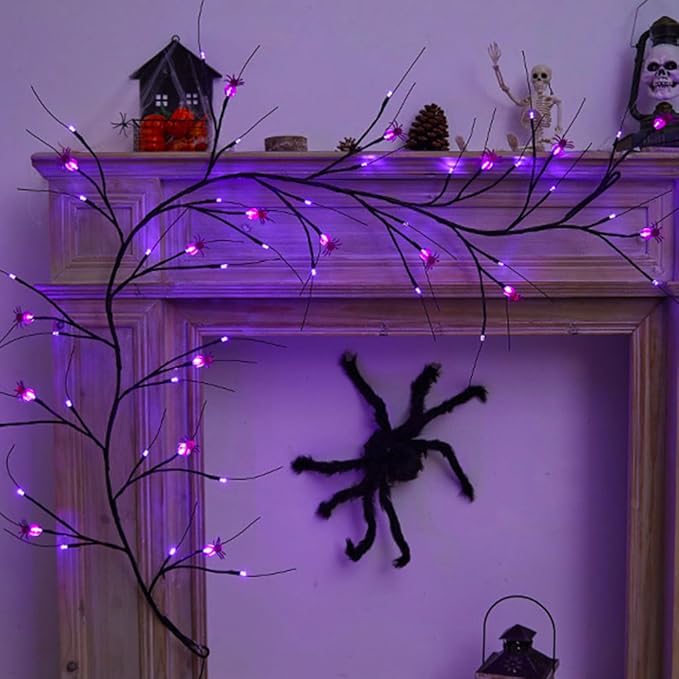 Halloween Decor Lights 6.5 Ft 54 LED Willow Vine Twig with Timer Battery Operated Garland Light 18 LED Spiders and 36 Purple Lights Halloween Party Scary Decoration for Home Wall Fireplace