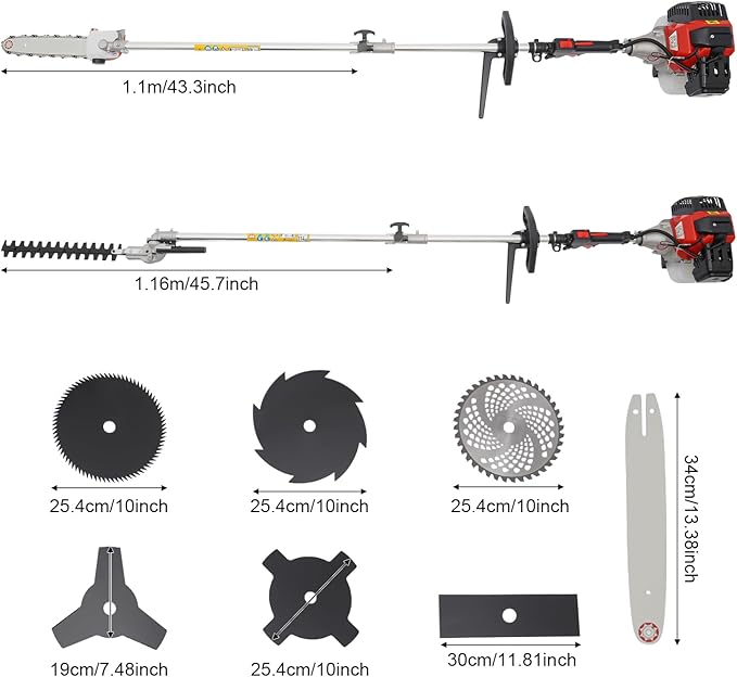 52cc 2-Stroke Multi-Function String Grass Trimmer/Edger/Brush Cutter with 7 Heads and Telescopic Aluminum Shaft, Gasoline-Powered Professional Grade for Yard Maintenance Landscaping Heavy-Duty Use