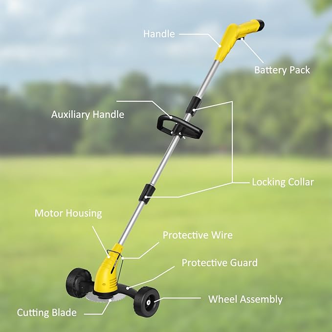 Electric Weed Wacker Cordless: String Trimmer with Roller 2Types Blades - 2.0Ah 12V Battery Powered Lightweight Grass Cutter/Mower for Yard and Garden, Yellow