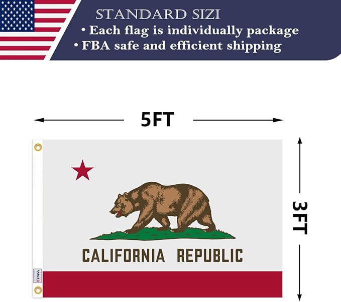 Double Sided Californian State Flag 3x5 Made in USA Outdoor Heavy Duty 3 Ply Nylon Californian Flags with White Starting Tape and 2 Brass Grommets