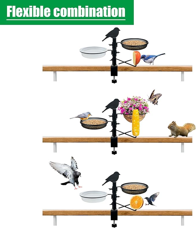 Deck Railing Bird Feeder for Balcony with Platform Metal Mesh Tray,2 Bird Bath Water Bowls and Fruit Station,Deck Rail Mounted Birds Feeder for Outside Wild Birds&Squirrel