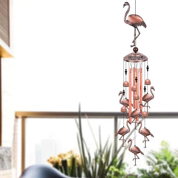 Outdoor Flamingo Wind Chimes Decor Gifts for Mom, Home, Garden, Rooms, Patio, Indoor, Outdoor Flamingo Decoration, Garden Flamingos Wind Catcher, Flamingo Wind Bells, Red Copper Flamingos Wind Chimes