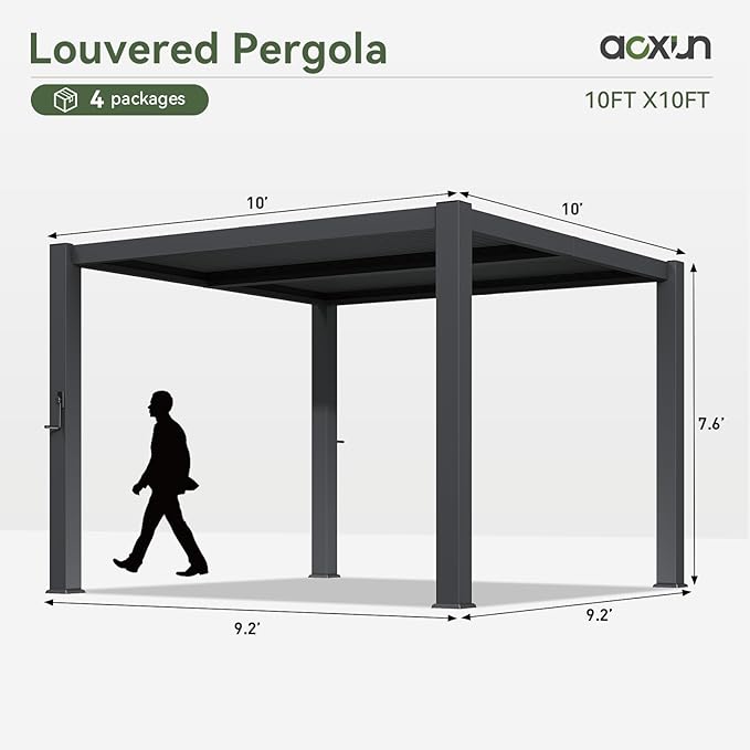 Aoxun Louvered Pergola 10' x 10' 96S Outdoor Metal Pergola with Adjustable Top for Decks, Gardens and Backyards, Easy Assembly via Structural Patent, Gray