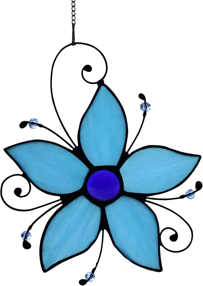 Stained Glass Window Hanging Flower Ornaments,Forget Me Not Blue Flower Suncatcher for Window, Home Decor of Living Room, Gift for Women Valentine's Day & Birthday & Christmas.