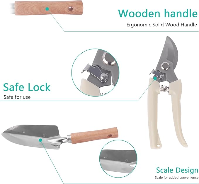 Outdoor Garden Tool Set, 7 Pcs Floral Gardening Set for Women Leaf Camouflage Gardening Kit with Garden Tool Bag, Trowel, Weeder Fork, Hand Rake, Pruning Shears, Cultivator, Transplanter