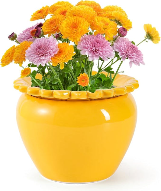 8in Self Waterring Terracotta Planter Yellow Ceramic Pot Maintenance Plant Seeder Planting Flower Pot Design Self Watering Planter for Indoor Plants African Violet Planter Pot