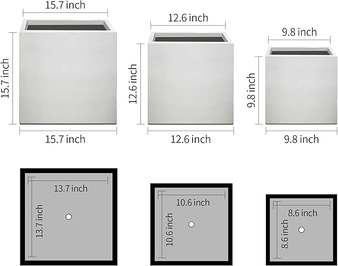 Kante 16",12",10" Square Concrete Planters Set of 3 for Outdoor Indoor Home Patio Garden, Large Plant Pot with Drainage Hole and Rubber Plug, Pure White