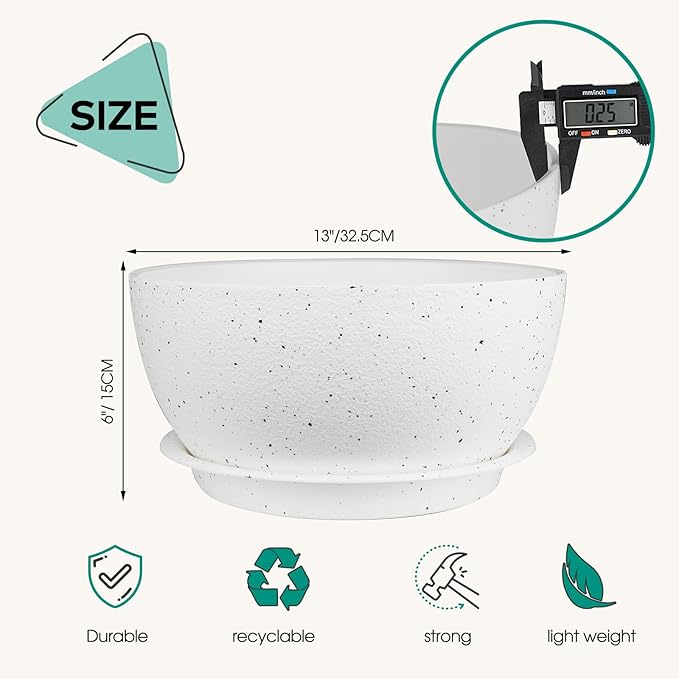 13 inch Plant Pots Pack of 2, Plastic Planter with Drainage Holes and Saucers, Plant pots for Indoor Outdoor Use, Flower Pots for All House Plants (Speckled White)