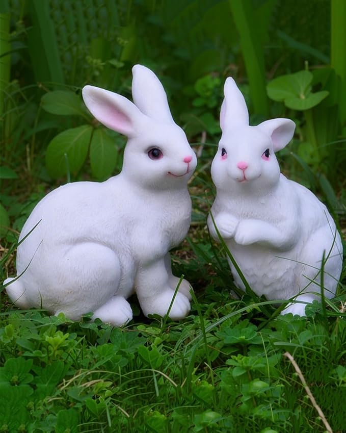 1 Pair Garden Statues Bunny Decor Resin Rabbit Figurine Cute Fairy Garden Decor Outdoor Statues for Patio Yard Porch Balcony Gifts for Women Mom Grandma White