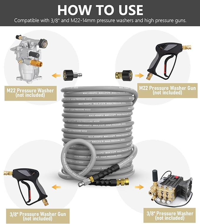 Pressure Washer Hose 50FT 4000 PSI, Kink Resistant Steel Braided Layer & NonMarking Rubber for Hot/Cold Water, High Power Washer Hose With 3/8 Inch Quick Connect & M22 Fitting, Gray