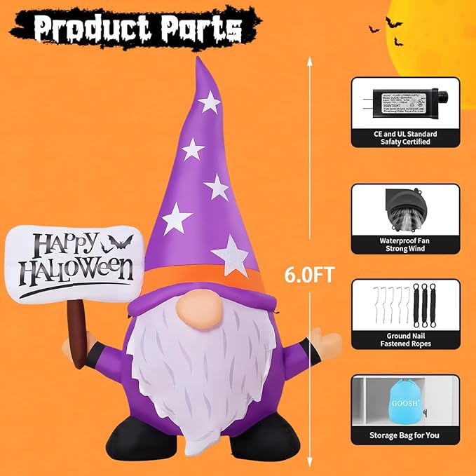 GOOSH 6 FT Halloween Gnome Inflatables Outdoor Decorations, Halloween Gnome Blow Up Yard Decorations Built-in LED Lights for Holiday Outdoor Lawn Garden Party