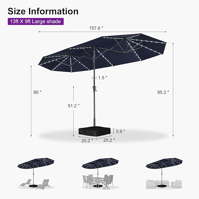 PURPLE LEAF 13ft Double-Side Patio Umbrella with Solar Lights Outdoor Market Umbrella with Base and Crank Handle Table Umbrella for Backyard Pool Garden Deck, Navy blue