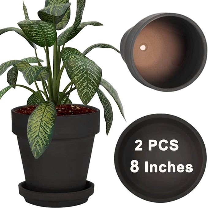 Vensovo 8 Inch Black Clay & Terracotta Pots for Plant with Saucer - 2 Pack Large Ceramic Terra Cotta Planter with Drainage Hole, Clay Flower Pot with Tray for Indoor Outdoor Plants