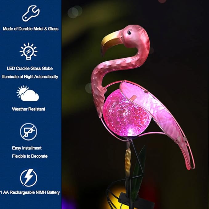 Bright Zeal 14" Big Metal Outdoor Solar Lights Waterproof Flamingo Garden LED Stake Light - Solar Pink Flamingos Yard Ornaments - Stake Lights Yard Decor Metal Yard Art