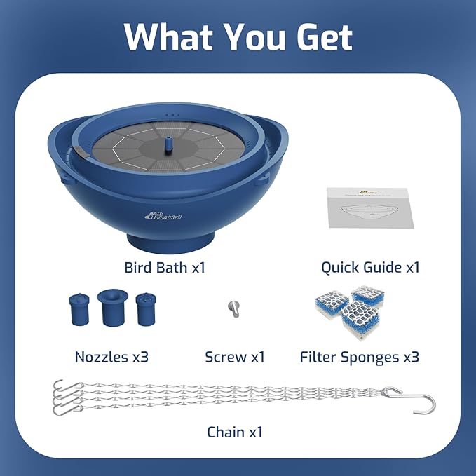 Solar Bird Bath Fountain with Battery, 3-in-1 Hanging & Freestanding Birdbath with Low-Water Protection & 3 Nozzles for Garden, Patio Decor (Deep Blue)