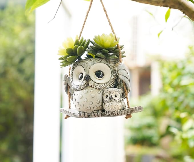 Swing Owl Hanging Planters for Indoor Plants, Cute Small Succulent Pots with Drainage Hole, Unique Resin Plant Hangers Outdoor, Hanging Plant Holder for String Of Pearls, Gift Ideas for Mother