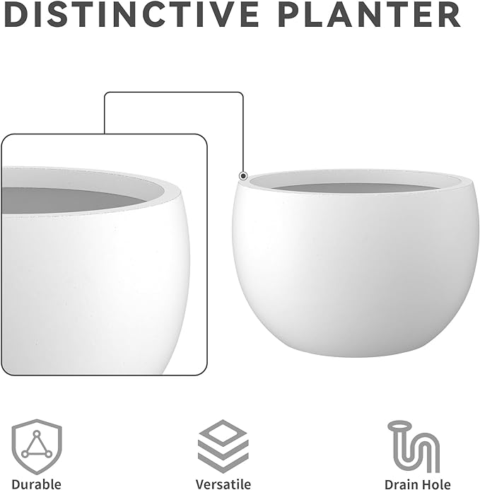 Kante 19.9" Dia Round Concrete Planter, Outdoor/Indoor Large Bowl Plant Pots with Drainage Hole and Rubber Plug for Garden Patio Balcony Home, Pure White