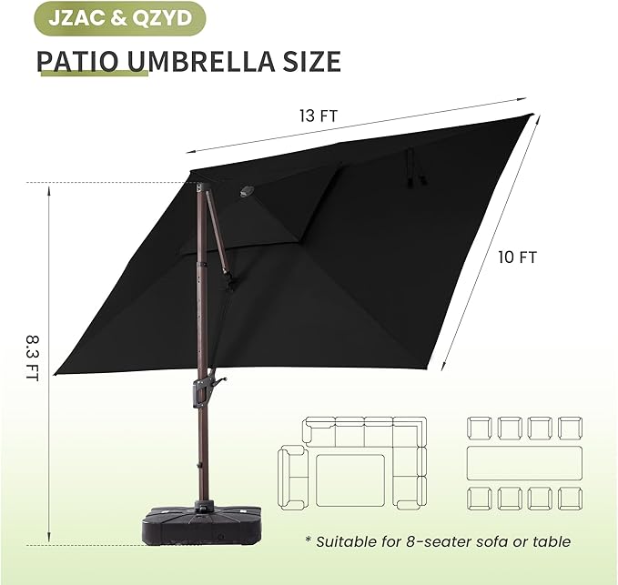 JZAC & QZYD 10 X 13 FT Cantilever Patio Umbrella with Base Included Outdoor Rectangle Offset Large Heavy Duty Double Top Umbrellas with 360° Rotation for Deck Backyard Garden, Black