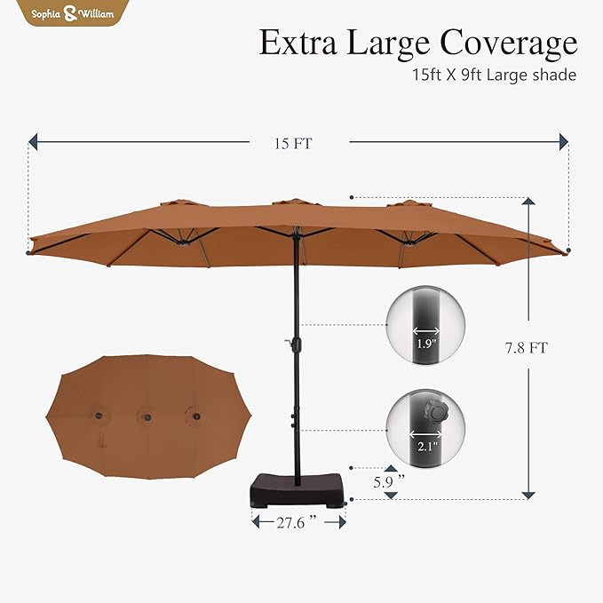 Sophia & William 15 ft Extra Large Patio Umbrella with Base Included, Rectangular Outdoor Umbrella Heavy Duty, Market Umbrella Double-sided Fade Resistant for Pool Garden Backyard, Maillard Tawny