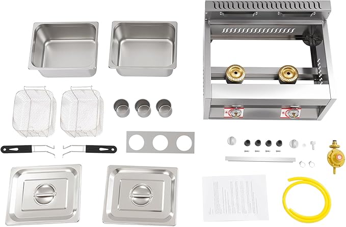 Stainless Steel Low Pressure Gas Deep Fryer with Frying Baskets and Lid, 12.7QT/12L Capacity Countertop Deep Fryer Oil Frying Pot Kitchen Frying Machine Table Snack Fryer Double Cylinder Gas Fryer