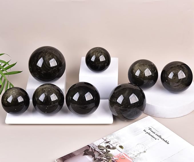 JIC Gem Golden Obsidian Crystal Sphere Large Healing Crystal Ball with Stand Ornament Meditation Witchcraft Decor 2.3-2.7 inch(60-70mm)
