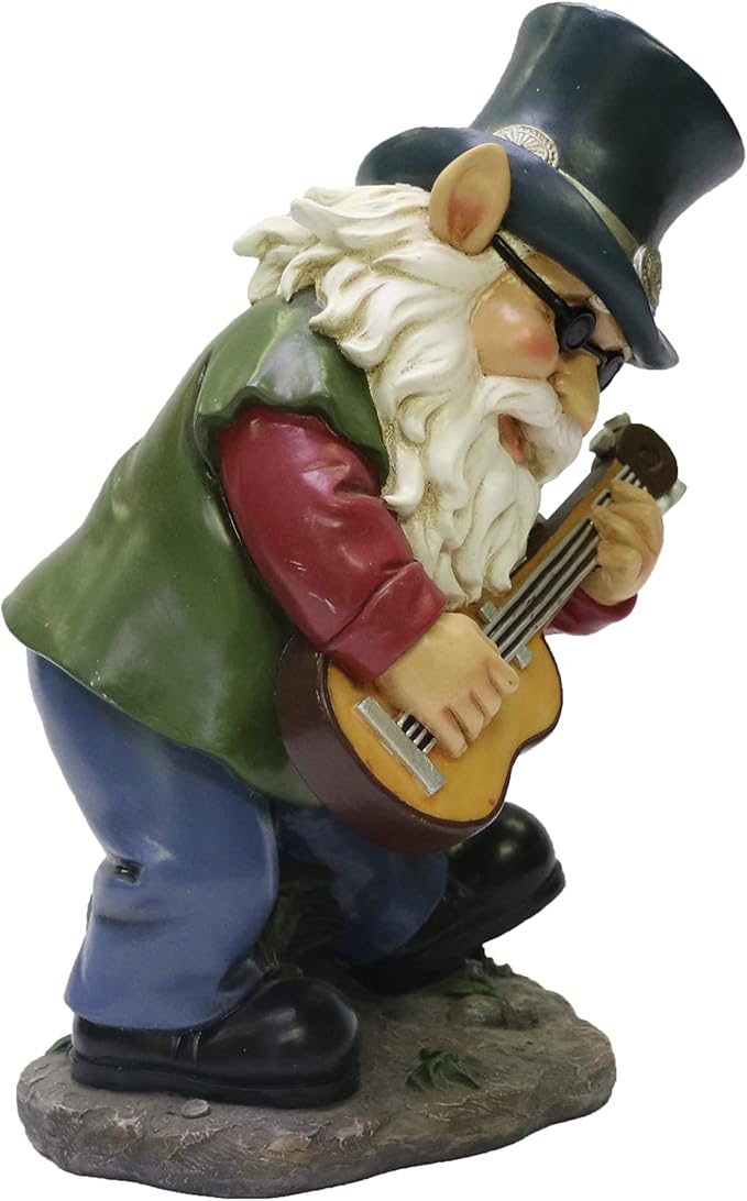 Nature's Mark Rock n Roll Gnome in a Band Playing Guitar Resin Statue Figurine Home Garden Decorative Accent Décor (9" H)