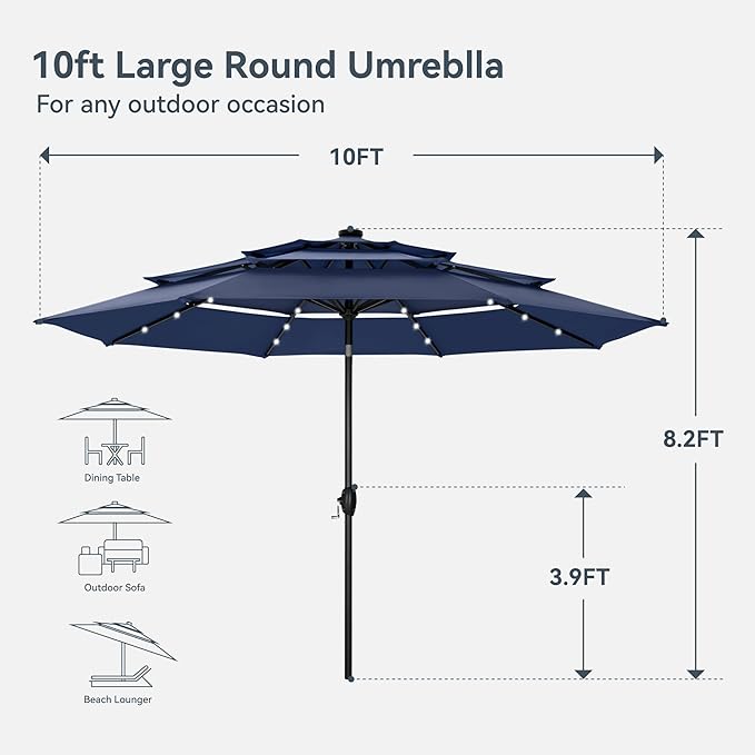 PHI VILLA 10ft Patio Umbrella with Light, Outdoor Large Auto-Tilt 3 Tier Market Table Umbrellas with 8 Sturdy Ribs and 1.5" Pole for Lawn Poolside Garden Terrace,Navy Blue