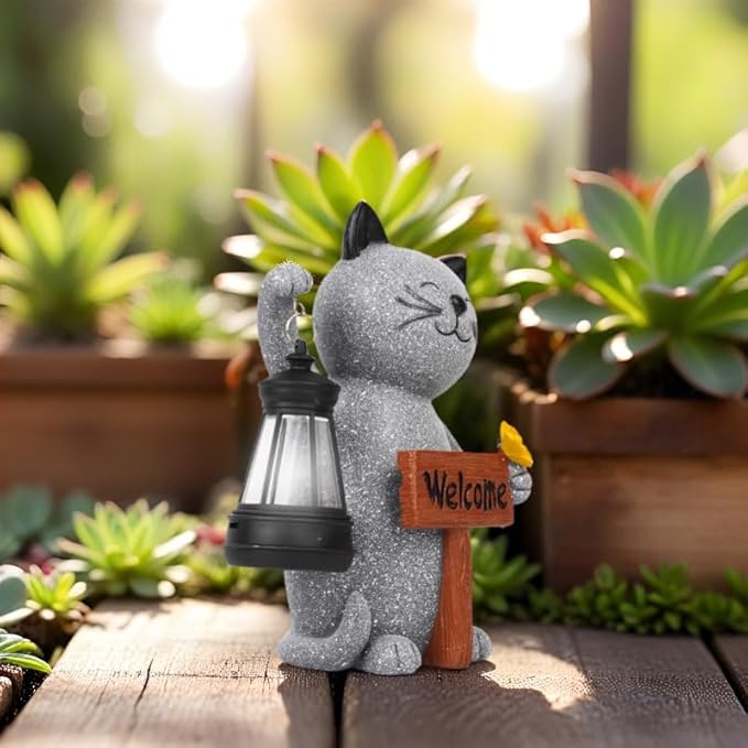 Cat Garden Statues with Solar Lantern, Outdoor Figurine Resin Sculpture Hanging Solar Power Lights for Decoration Yard Patio Balcony Lawn Ornament Art Decor, Unique Gift for Grandma Wowen Mom