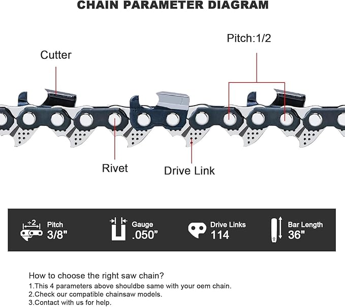 1 Pack 36 in Professional Chainsaw Chain 114 Drive Link 3/8" Pitch .050" Gauge, 57 Teeth for 36" Bar Saw Chain for STIHL 039 MS-390 MS-440 MS-460 MS-650, MS-660, Replace 72LGX114G 33RSC-114