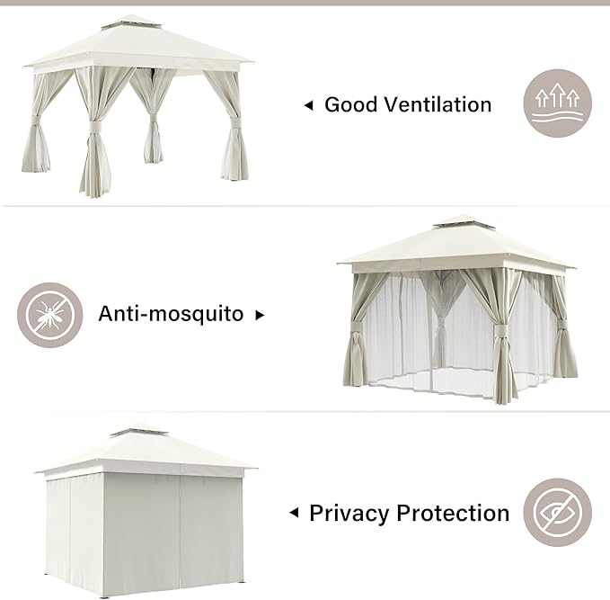 LAUSAINT HOME Outdoor Patio Gazebo 10'x10' with Expansion Bolts, Heavy Duty Gazebos Shelter Party Tent with Double Roofs, Mosquito Nettings and Privacy Screens for Backyard, Garden, Lawn, Cream White