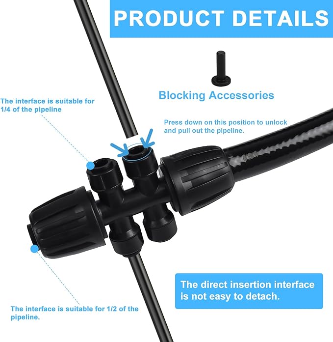 Haolake1/2'' to 1/4'' Barbed Tee Quick Connector, 4PCS Drip Irrigation Kits,Anti-Leak Locked Splitter Fitting for Irrigation Tubing 6-Way Connector and 2 Plugs