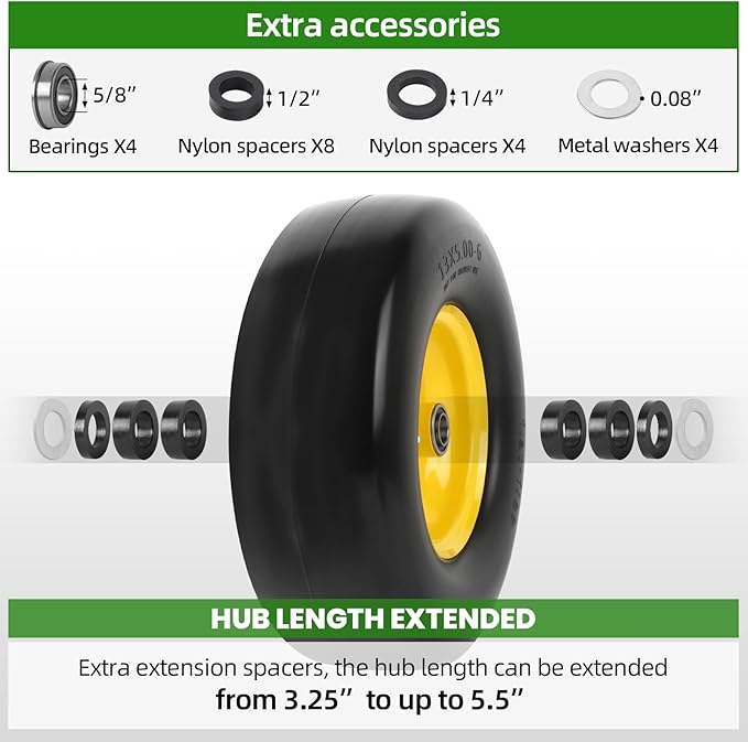 AR-PRO (2-Pack) 13x5.00-6 Flat Free Lawn Mower Tire and Wheel- Solid Smooth Tread Replacement Front Tire for Riding Zero Turn Mowers, Garden Tractors – 3/4" and 5/8" Bearings, 3.25"-5.9" Centered Hub