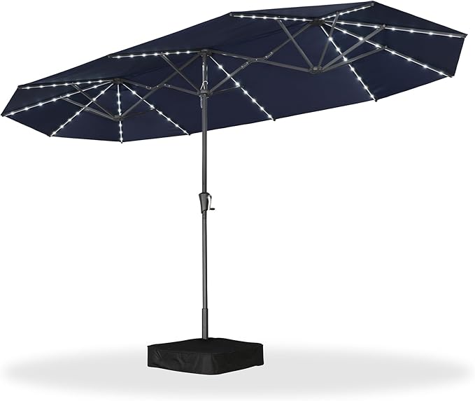 PURPLE LEAF 13ft Double-Side Patio Umbrella with Solar Lights Outdoor Market Umbrella with Base and Crank Handle Table Umbrella for Backyard Pool Garden Deck, Navy blue