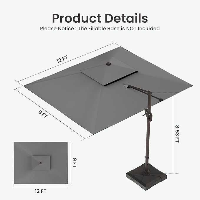 9x12 FT Cantilever Patio Umbrella with Base Included Double Top Outdoor Rectangular Large Heavy Duty Aluminum Offset Umbrellas with 7 Level Tilt 360-degree Rotation for Pool Garden Deck, Grey