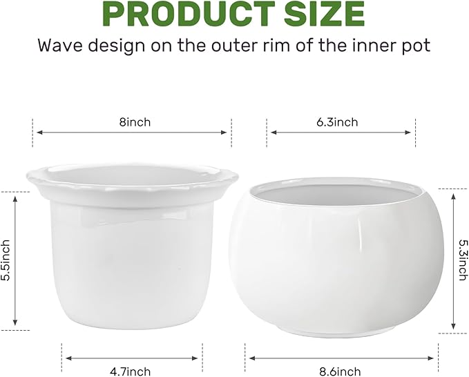 African Violet Pots, 8 Inch Self Watering Pots, Easy Plant Self Watering Pot, Ceramic Plant Pot with Absorbent Inner Pot for Flowers, Flower Pot Indoor - White