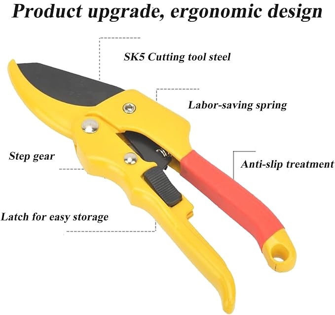 Premium 8 inch garden clippers, 3 Times Easy to Work, Arthritis Weak Hand Snips (Pulley lever -pruners- Yellow)