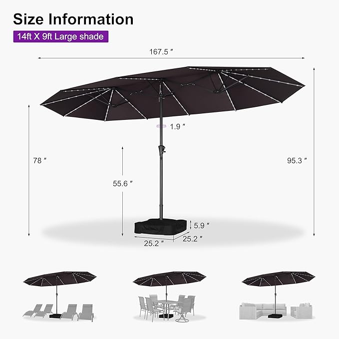 PURPLE LEAF 14ft Patio Umbrella with Solar Lights Outdoor Double-Side Market Umbrella with Base Included Rectangle Table Umbrella for Pool Garden Backyard, Light Grey