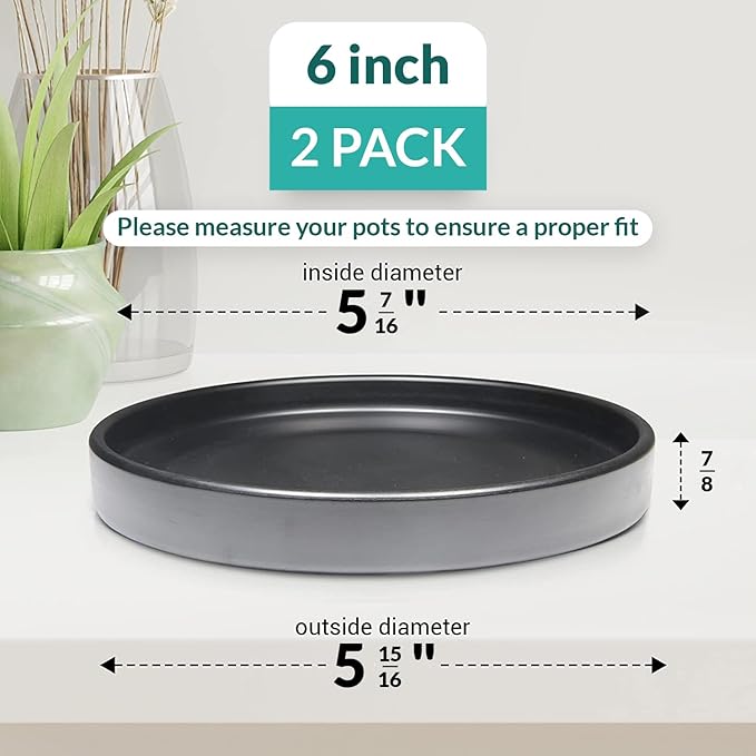 Willowy 6 Inch Black Ceramic Pot Saucer - Drainage Tray for 3,4,5 Inch Planters - 2 Pack