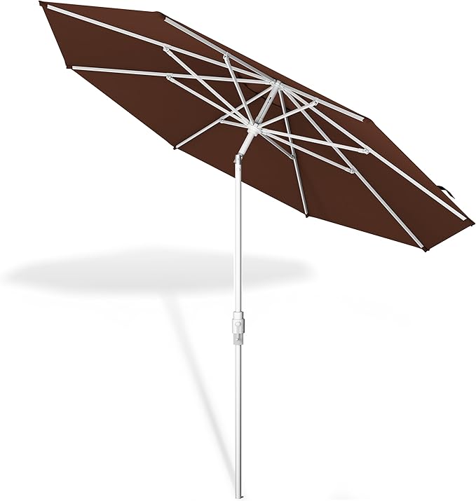 Midtown Umbrellas The Swilt 9 Feet Patio Umbrella in Sunbrella Bay Brown Acrylic Fabric - Fiberglass Ribs, Auto-Tilt Aluminum Frame For Backyard, Deck, Garden, Pool - White Pole