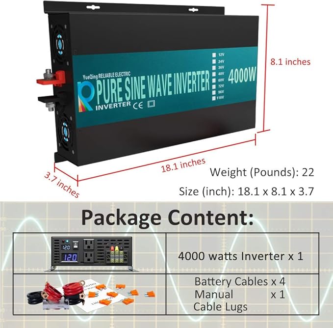 WZRELB 4000W 36V 120V Pure Sine Wave Power Inverter with 2 AC Outlets,Car Inverter