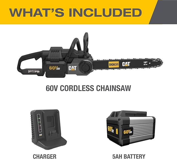 Caterpillar DG631 60V Brushless 18” Chainsaw, Battery Chainsaw with Chain Brake for Safety, Electric Chainsaw Cordless with Tool-Free Chain Tensioning – Battery & Charger Included